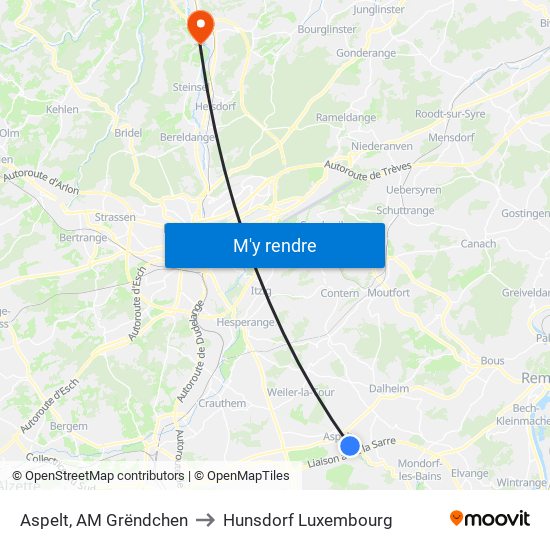 Aspelt, AM Grëndchen to Hunsdorf Luxembourg map