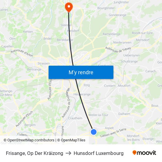 Frisange, Op Der Kräizong to Hunsdorf Luxembourg map