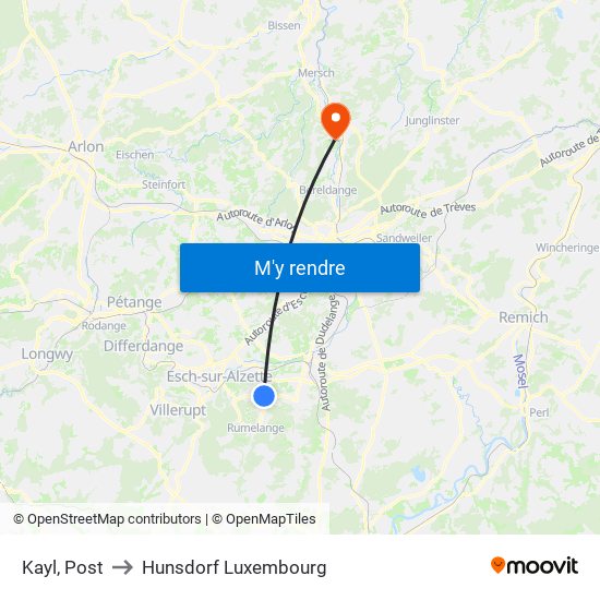 Kayl, Post to Hunsdorf Luxembourg map