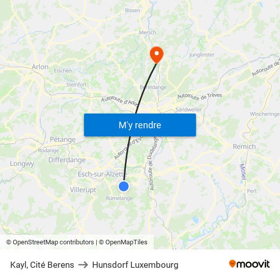 Kayl, Cité Berens to Hunsdorf Luxembourg map