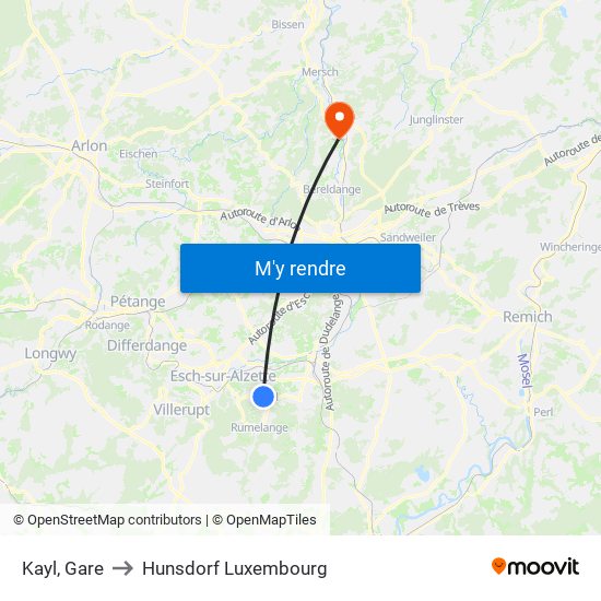 Kayl, Gare to Hunsdorf Luxembourg map