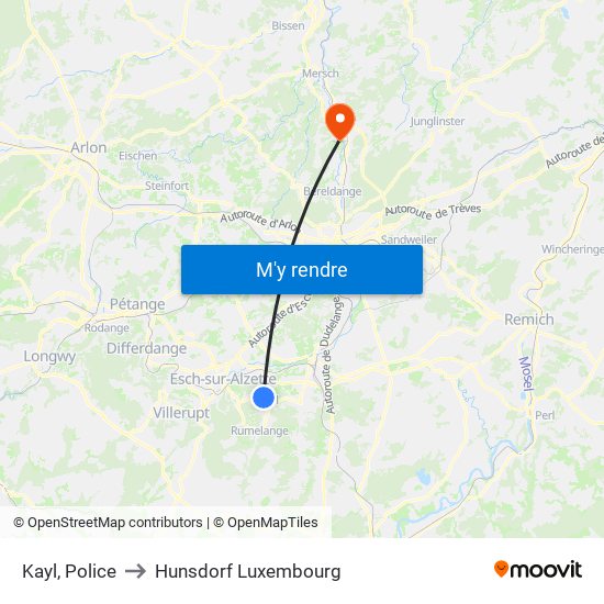 Kayl, Police to Hunsdorf Luxembourg map