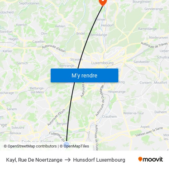 Kayl, Rue De Noertzange to Hunsdorf Luxembourg map