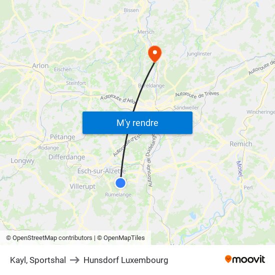 Kayl, Sportshal to Hunsdorf Luxembourg map