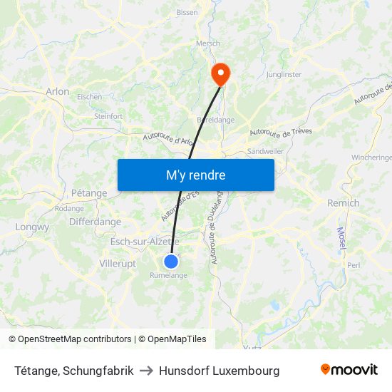 Tétange, Schungfabrik to Hunsdorf Luxembourg map