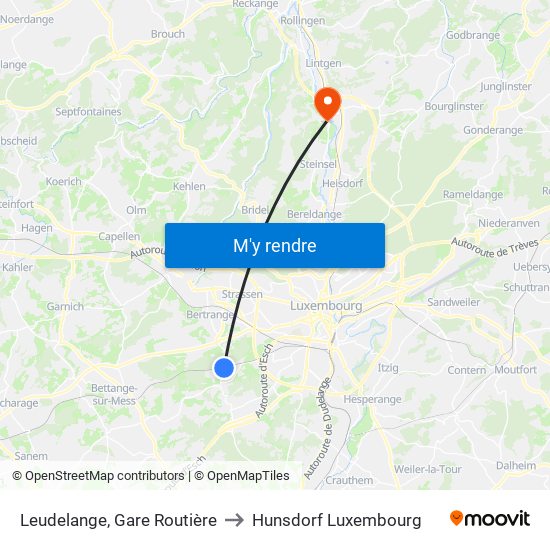 Leudelange, Gare Routière to Hunsdorf Luxembourg map