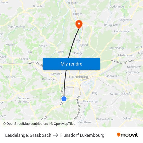 Leudelange, Grasbösch to Hunsdorf Luxembourg map