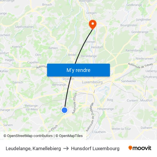 Leudelange, Kamellebierg to Hunsdorf Luxembourg map