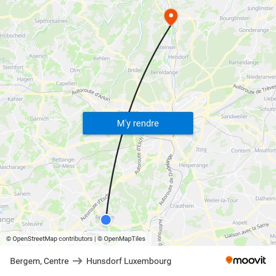 Bergem, Centre to Hunsdorf Luxembourg map