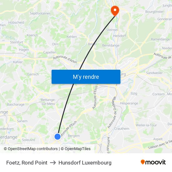 Foetz, Rond Point to Hunsdorf Luxembourg map