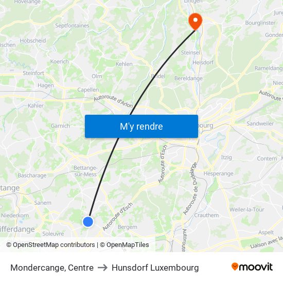 Mondercange, Centre to Hunsdorf Luxembourg map