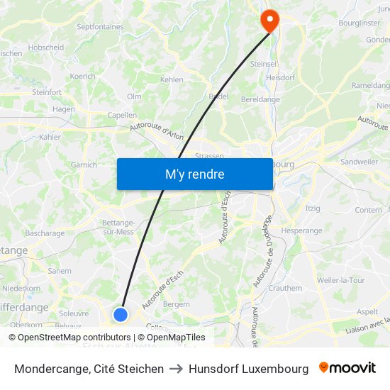 Mondercange, Cité Steichen to Hunsdorf Luxembourg map