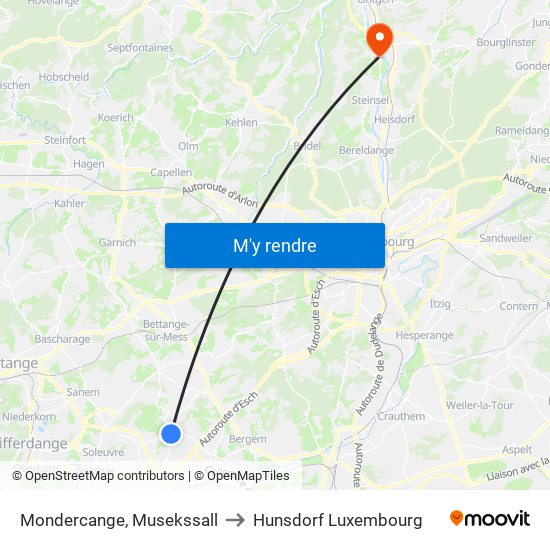 Mondercange, Musekssall to Hunsdorf Luxembourg map