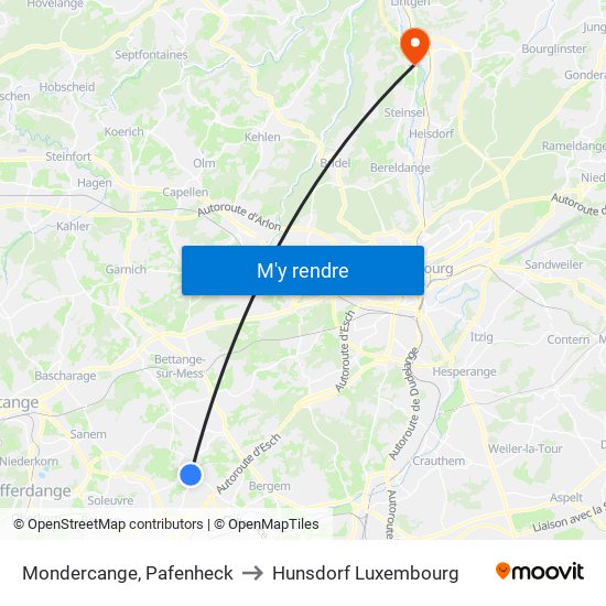 Mondercange, Pafenheck to Hunsdorf Luxembourg map