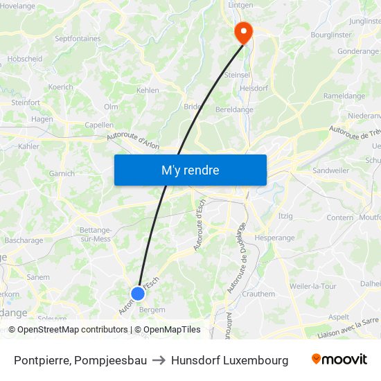 Pontpierre, Pompjeesbau to Hunsdorf Luxembourg map