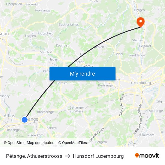 Pétange, Athuserstrooss to Hunsdorf Luxembourg map
