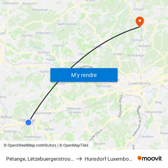 Pétange, Lëtzebuergerstrooss to Hunsdorf Luxembourg map