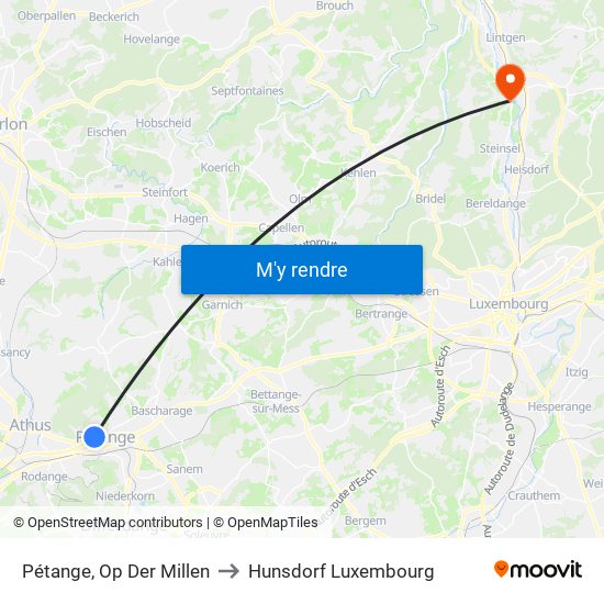 Pétange, Op Der Millen to Hunsdorf Luxembourg map