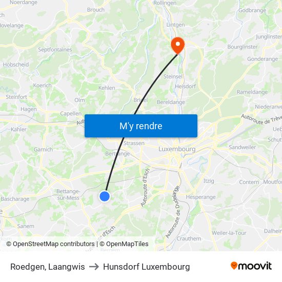 Roedgen, Laangwis to Hunsdorf Luxembourg map