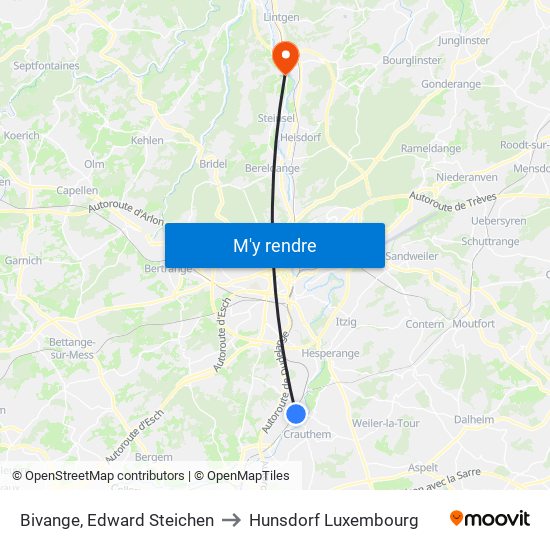 Bivange, Edward Steichen to Hunsdorf Luxembourg map