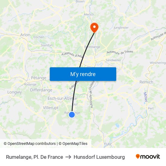 Rumelange, Pl. De France to Hunsdorf Luxembourg map