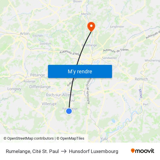 Rumelange, Cité St. Paul to Hunsdorf Luxembourg map