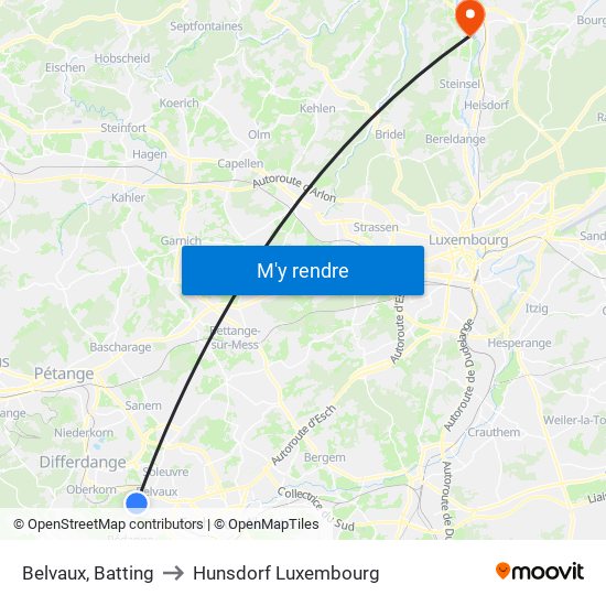 Belvaux, Batting to Hunsdorf Luxembourg map