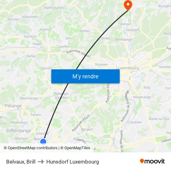 Belvaux, Brill to Hunsdorf Luxembourg map