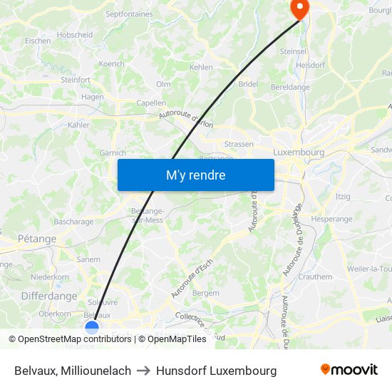 Belvaux, Milliounelach to Hunsdorf Luxembourg map