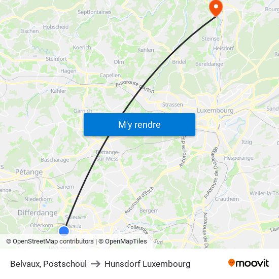 Belvaux, Postschoul to Hunsdorf Luxembourg map