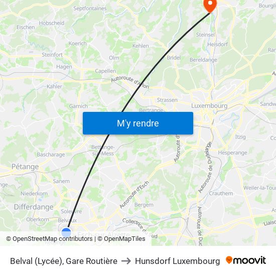 Belval (Lycée), Gare Routière to Hunsdorf Luxembourg map