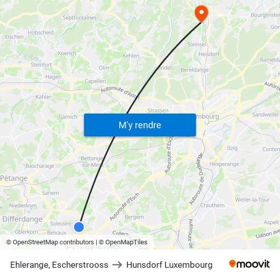 Ehlerange, Escherstrooss to Hunsdorf Luxembourg map