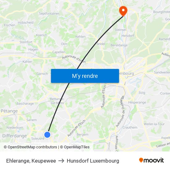 Ehlerange, Keupewee to Hunsdorf Luxembourg map