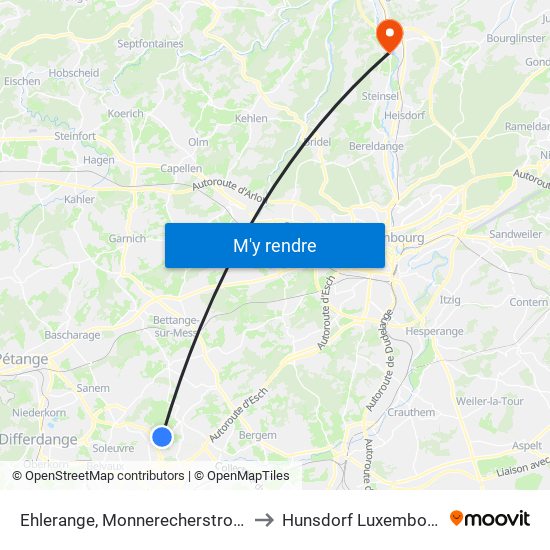 Ehlerange, Monnerecherstrooss to Hunsdorf Luxembourg map