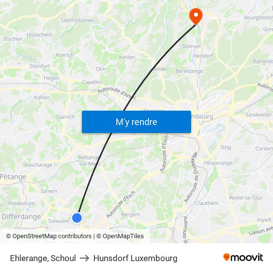 Ehlerange, Schoul to Hunsdorf Luxembourg map