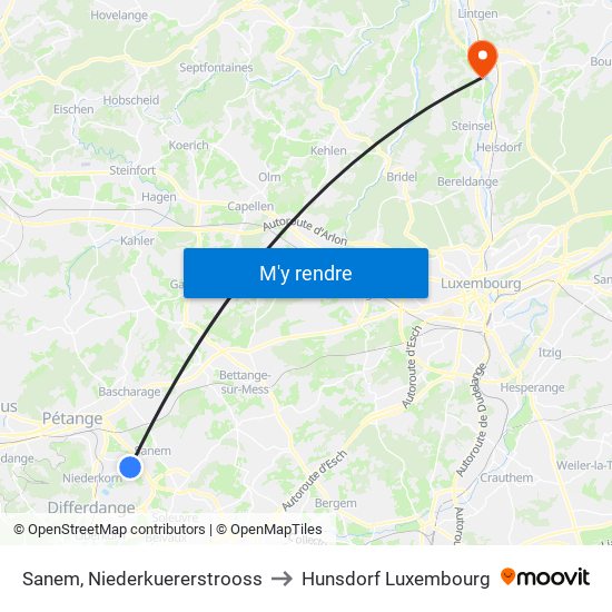 Sanem, Niederkuererstrooss to Hunsdorf Luxembourg map