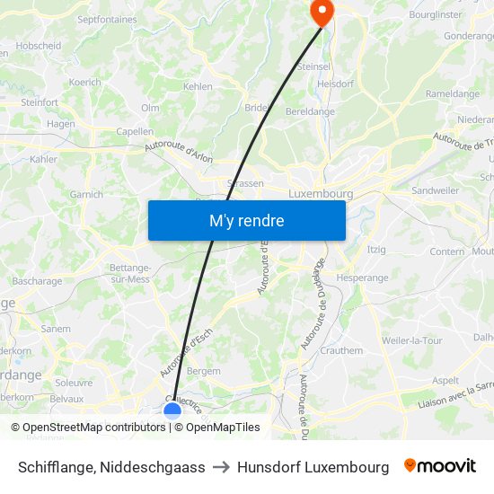 Schifflange, Niddeschgaass to Hunsdorf Luxembourg map