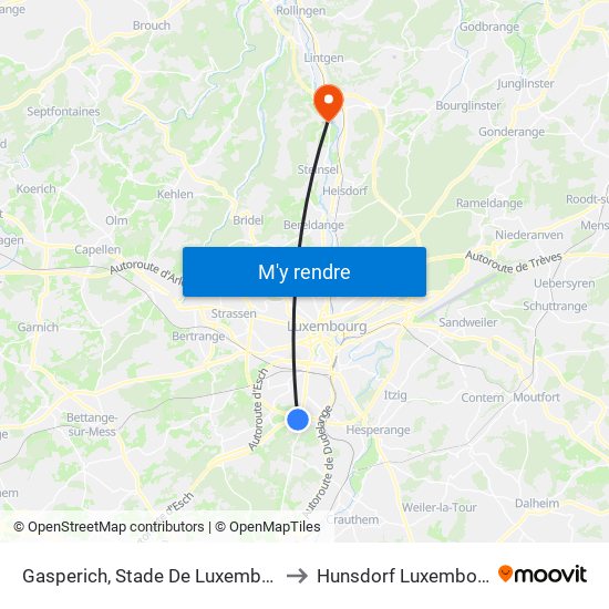 Gasperich, Stade De Luxembourg to Hunsdorf Luxembourg map