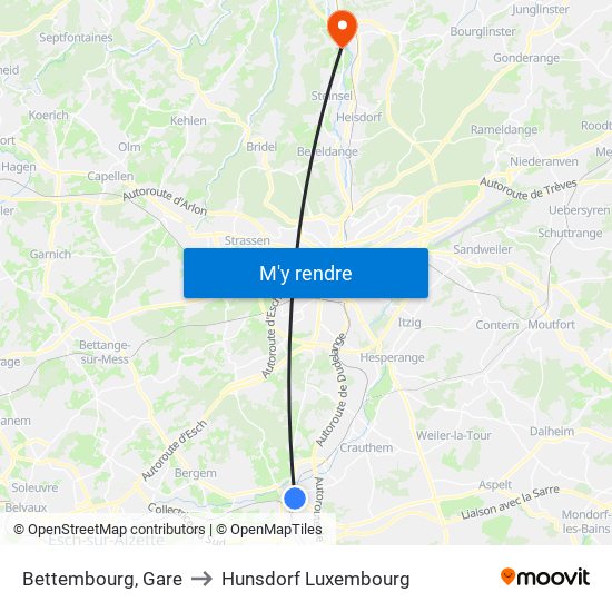 Bettembourg, Gare to Hunsdorf Luxembourg map