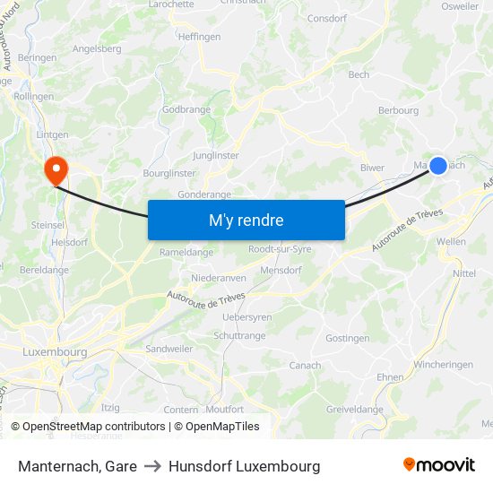 Manternach, Gare to Hunsdorf Luxembourg map