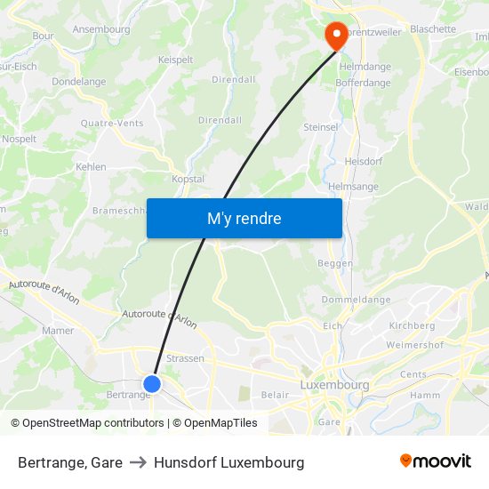 Bertrange, Gare to Hunsdorf Luxembourg map