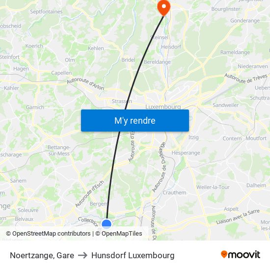 Noertzange, Gare to Hunsdorf Luxembourg map