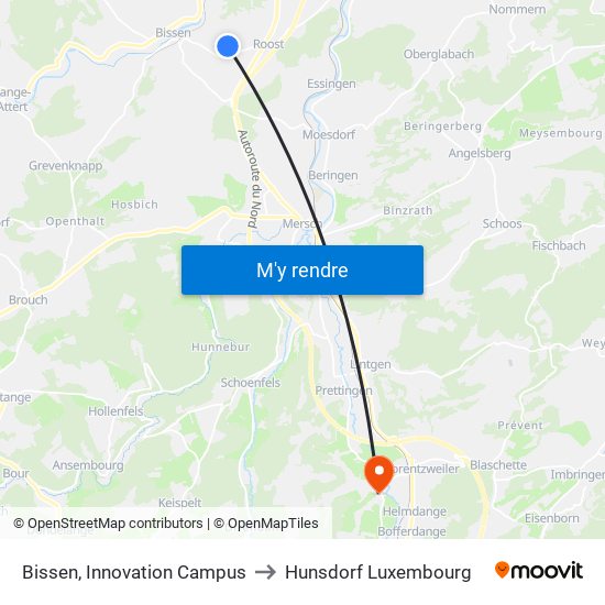 Bissen, Innovation Campus to Hunsdorf Luxembourg map