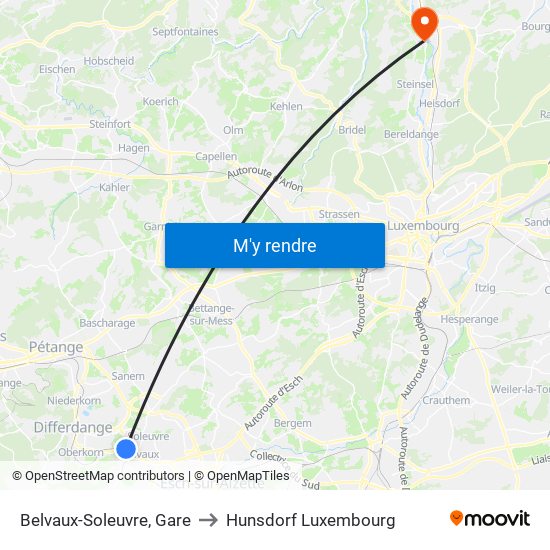 Belvaux-Soleuvre, Gare to Hunsdorf Luxembourg map