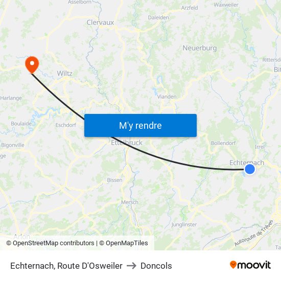 Echternach, Route D'Osweiler to Doncols map