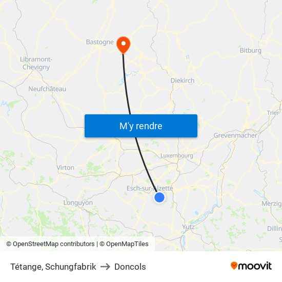 Tétange, Schungfabrik to Doncols map