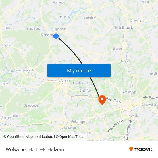 Wolwëner Halt to Holzem map