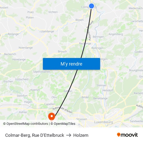 Colmar-Berg, Rue D'Ettelbruck to Holzem map