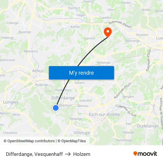 Differdange, Vesquenhaff to Holzem map