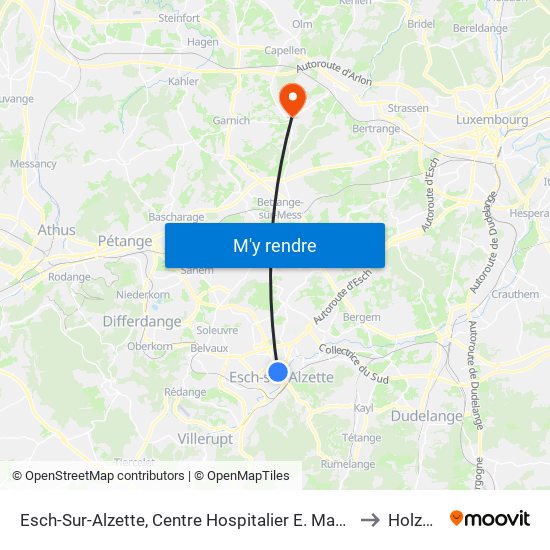 Esch-Sur-Alzette, Centre Hospitalier E. Mayrisch to Holzem map